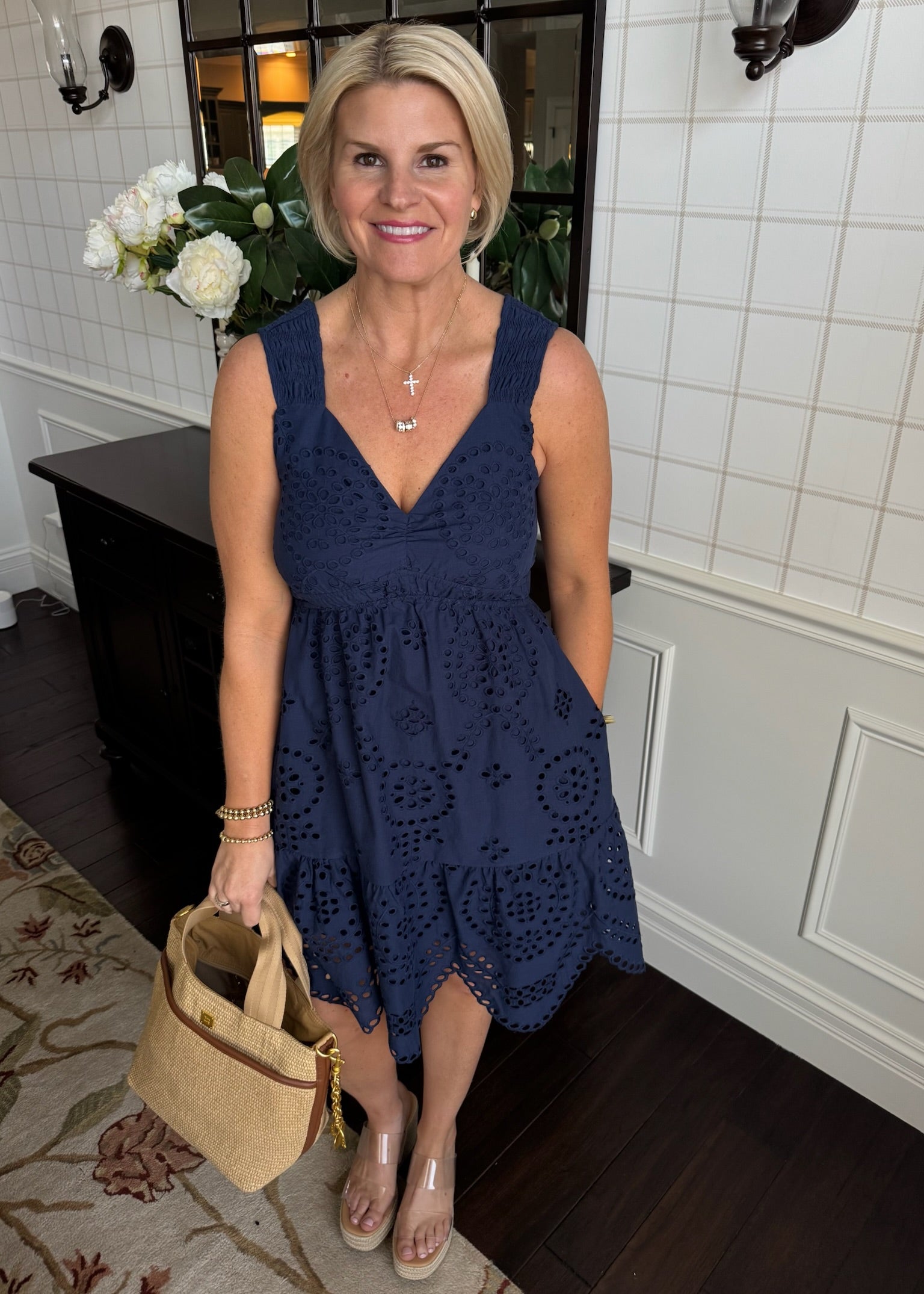 navy blue eyelet dress Eyelet Tiered Sleeve Tunic Dress - Navy Blue